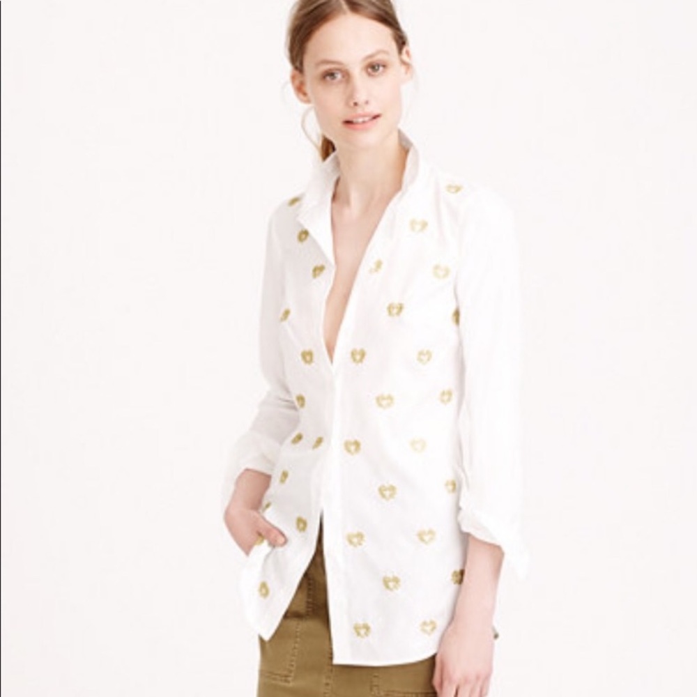 J. Crew size 2 petite white button down with gold embroidered hearts holiday top